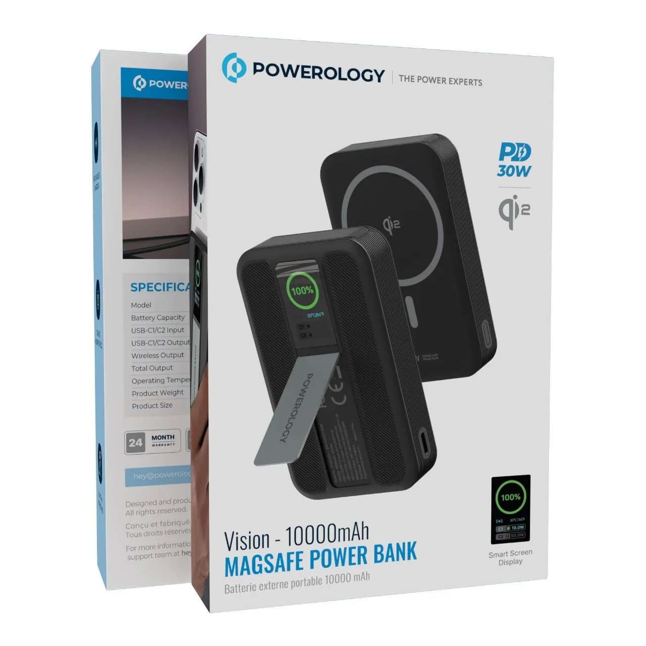 Powerology Vision 10000mAh 30W PD + Dual Type-C + 15W Qi2 Powerbank With TFT Screen